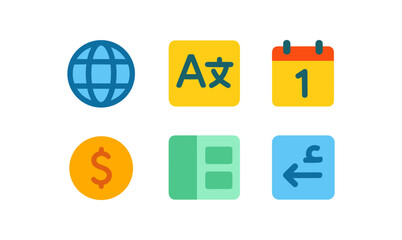 Colorful icon set of globe, language, calendar, currency, layout, and return symbols