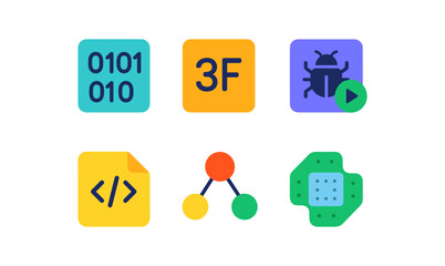 Colorful tech icons set with technology and software symbols