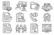 © Valentyna - Vendor Negotiation Icons. Line style icons of vendor negotiations: supplier agreement form, inventory chart discussion, product