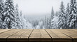 © Asim-Backgrounds - A snowy forest backdrop with a wooden plank surface creating a wintery scene for product placement use