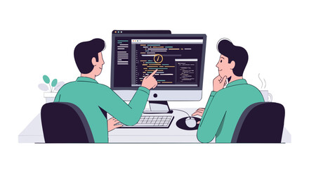 Two Male Programmers Collaborating on Code on a Desktop Computer