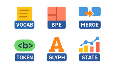 Colorful flat icons for language and data processing concepts