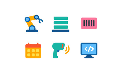 Colorful flat icons of automation, technology, and coding