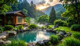 Serene cabin beside a pond with misty rising water, lush green landscape, and mountains in the sunset background