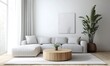 © Asikurrahaman - Minimalist living room with a white sofa, wooden table, and plant accents