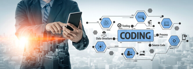 A businessman interacts with a tablet amidst visual representations of coding concepts, illustrating the evolving landscape of technology and software development. Tessel
