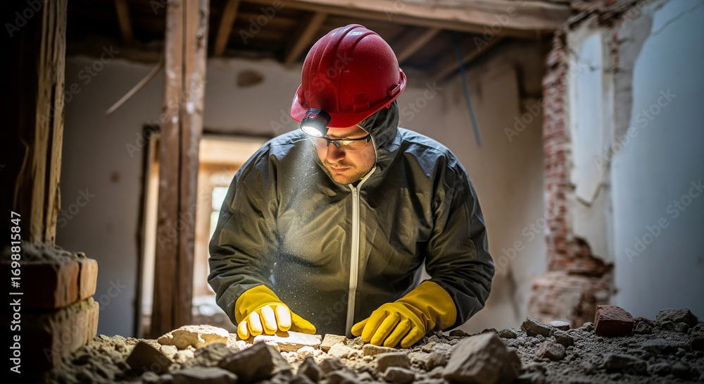 Construction worker inspecting rubble from a collapsed building after ...