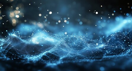 Wall Mural - abstract blue waves of glowing particles flowing in the dark like a digital landscape.