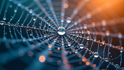 An abstract close-up of dew on a spider web, showcasing vivid colors and intricate textures in macro photography style.  

