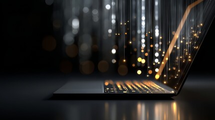 Laptop with a glowing keyboard is displayed on a dark background. Concept of technology and innovation