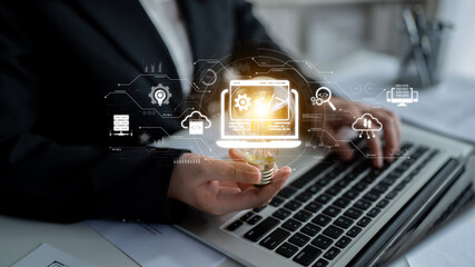 Modern web development concept featuring coding symbols, web development process, web development interface, and web development tools with futuristic design. Spline