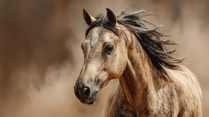Naklejka na meble Elegant horse galloping through dusty terrain under a dramatic sky while its mane flows gracefully in the wind