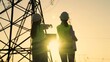 © Victoriia - Two Female civil engineers work together using computer on power line. Joint work of power engineers with computer in protective helmets, maintenance of power lines in outdoors. Green energy.