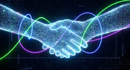 Digital handshake illustration featuring glowing particles and circular lines, ideal for showcasing business agreements, partnership, and technology integration concepts.