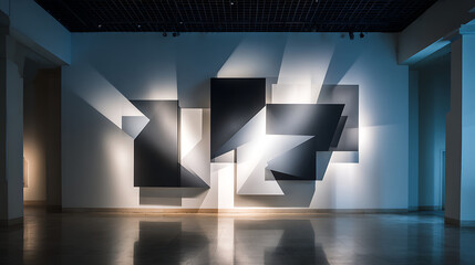 Wall Mural - Abstract art installation with geometric shapes and dynamic lighting, creating a modern and artistic atmosphere in a gallery or museum setting
