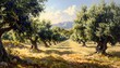 © Palid - A sun-drenched landscape showcases a picturesque olive grove, with mature trees laden with dark fruit, extending to a backdrop of rolling hills.