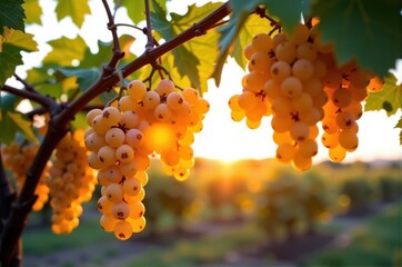Wall Mural - Sun-drenched yellow grapes hanging heavy on a vine at sunset, bathed in warm golden light, vine, juicy, sunlight