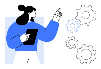 Wall Mural - Woman holding tablet points at interlinked gears, representing collaboration, technology, and progress. Ideal for teamwork, process, innovation, business, strategy technology and simple landing page