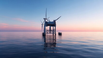 Serene Offshore Wind Turbine at Dawn, Reflecting in Calm Ocean Waters