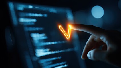 A finger touches a glowing checkmark over computer code