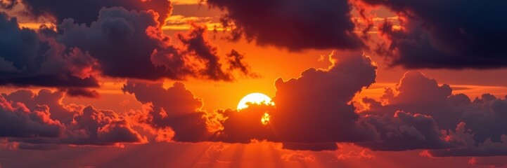Wall Mural - Dramatic sunset with a vibrant orange sun peeking through thick, textured clouds, color, vibrant colors