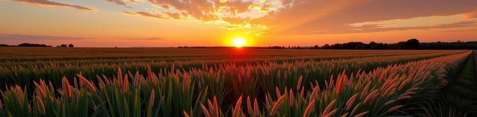 Wall Mural - Golden hour sunlight bathes a vast field in warm hues as the sun dips below the horizon, casting long shadows and painting the sky with vibrant orange, pink, an, countryside, peaceful