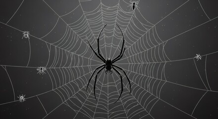 Large dark spider sits centered on intricate web with smaller prey spiders trapped. Pest control and insect infestation concept.