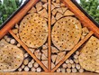 © Irina - A wooden structure with circular and triangular compartments is filled with natural materials like logs, creating a hotel for insects.
