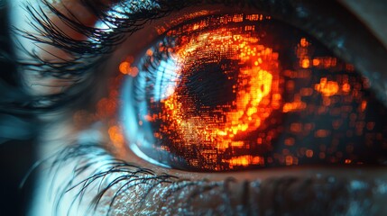 Close-up of eye with fiery digital data overlay.
