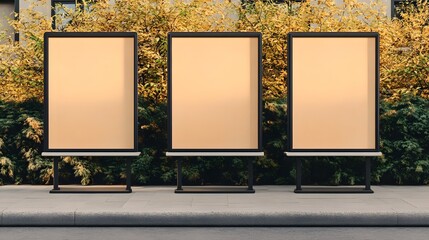 Wall Mural - Three empty roadside advertising panels stand tall against a backdrop of foliage, ready for custom advertisement.