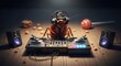 © Margarita Ratatosk - Cockroach wearing headphones and fedora hat, acting like a DJ on a music controller. Humorous pest control concept for house protection.