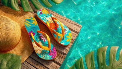 Colorful flip flop straw hat tropical leaf wooden deck turquoise pool water summer vacation relaxing vibrant sunny cheerful