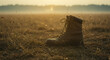 © mfahryf - A single worn military boot rests in a dry grassy field at sunrise.