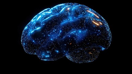 Digital Brain Rendering with Blue Glowing Particles on Black Background