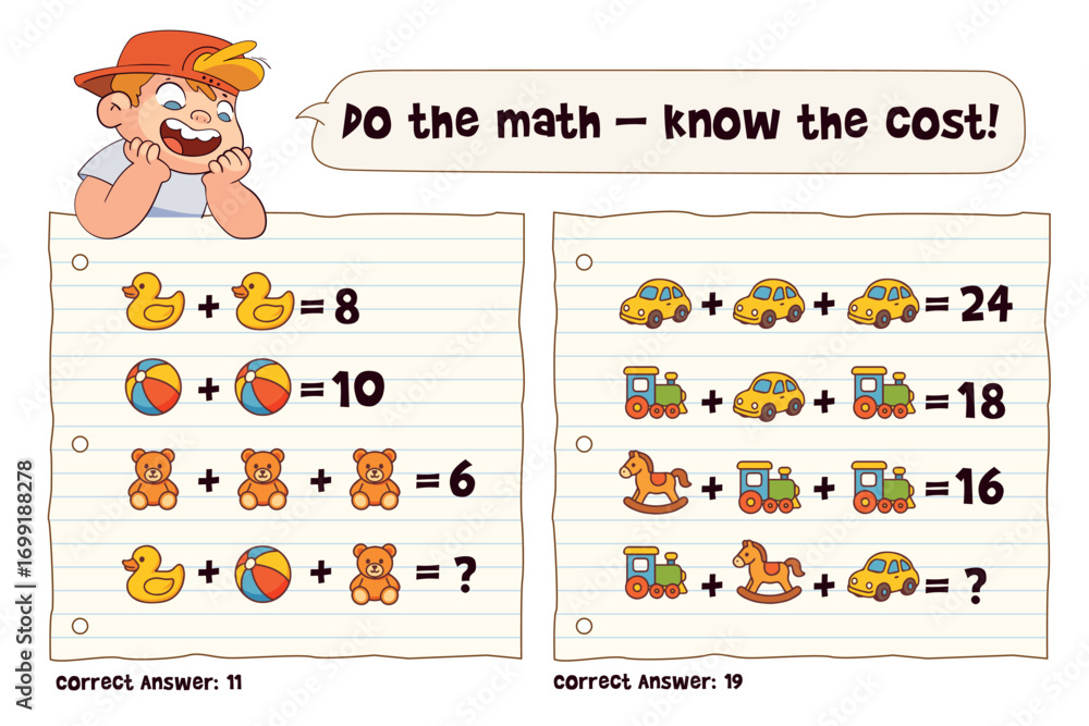Kids math worksheet. Solve toy price equations on two pages. Add and ...
