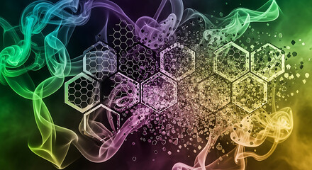 Vibrant swirling smoke transforms into intricate geometric honeycomb structures and particles in a dynamic display