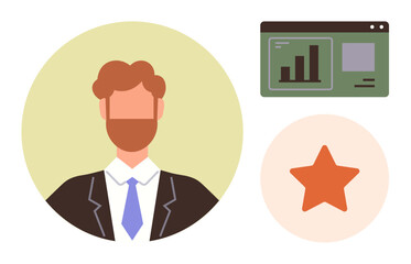 Person in formal attire with bar chart and interface window, orange star denoting achievement. Ideal for career success, leadership, performance, analytics, goals, growth, simple flat metaphor