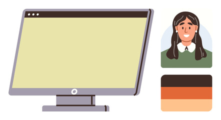 Desktop monitor beside female avatar and color selection palette. Ideal for web design, user experience, personalization, prototyping, branding, creative editing, visualization. Simple flat metaphor
