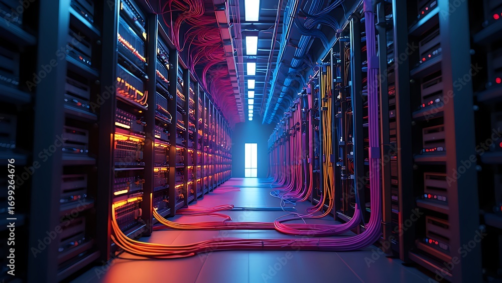Inside a Modern Data Center Server Room with Rows of Operating Rack ...