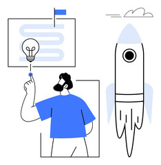 Wall Mural - Man pointing at a lightbulb with a flowchart and flag in the background beside a rocket. Ideal for innovation, business startup, goal achievement, leadership, progress, creativity, simple flat