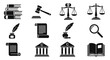 © Masand - Set of black silhouette law and justice icons including gavel, scales, books, and courthouse.