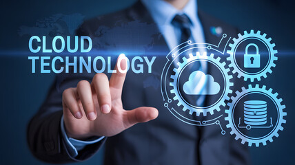 Cloud technology expert touching virtual interface display screen
