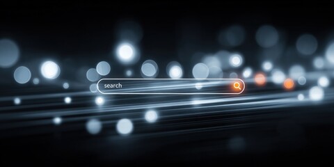 Digital Search Bar Interface with Glowing Particle Background for Data, Information Technology, and Connection Concepts