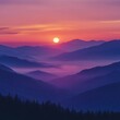 © Po - Mountaintop sunset concept. Vibrant sunset over layered mountains, casting a serene glow in the sky.