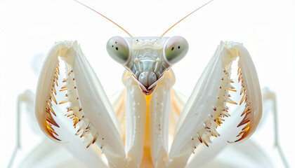 Close-up of an orchid mantis showing its unique coloration and intricate details of its forelegs and head.