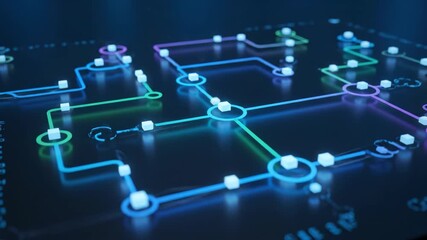 Automation pipeline diagram looping with smooth digital transitions glowing blue and green dark background showcasing futuristic technology network connection data flow system circuit glowing