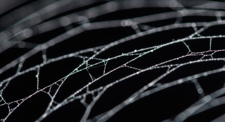 Intricate spider web glistening with dew drops against dark backdrop