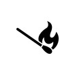 © Suncheli - Burning match icon. Simple glyph style. Fire, flame, ignite, burn, stick, spark, safety, light, sulphur, flammable concept. Silhouette, solid symbol. Isolated design.