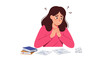 © Such worked - Anxious female student struggling with difficult homework and feeling confused detailed illustration featuring solving, uncertain, sad, working, exam,