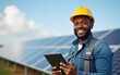 © wang - Portrait of interracial photovoltaic power station engineer standing near solar panels with tablet in hands and smiling at camera. High quality
